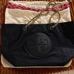 Tory Burch Nylon Black Tote Bag with Chain Straps like new